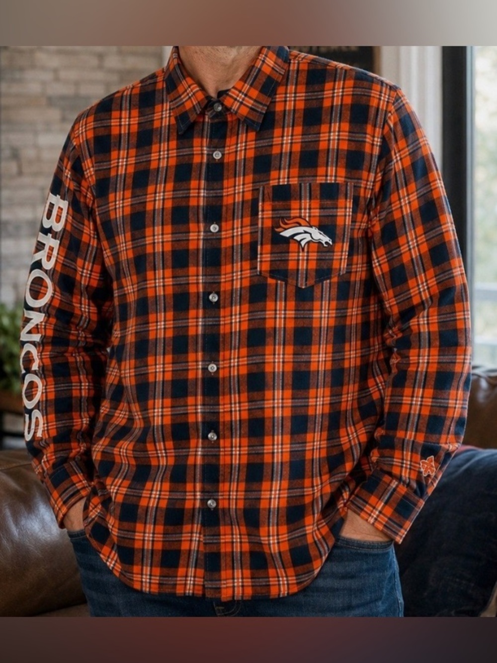 NFL Denver Broncos Embroidered Plaid Flannel Button-Down Shirt